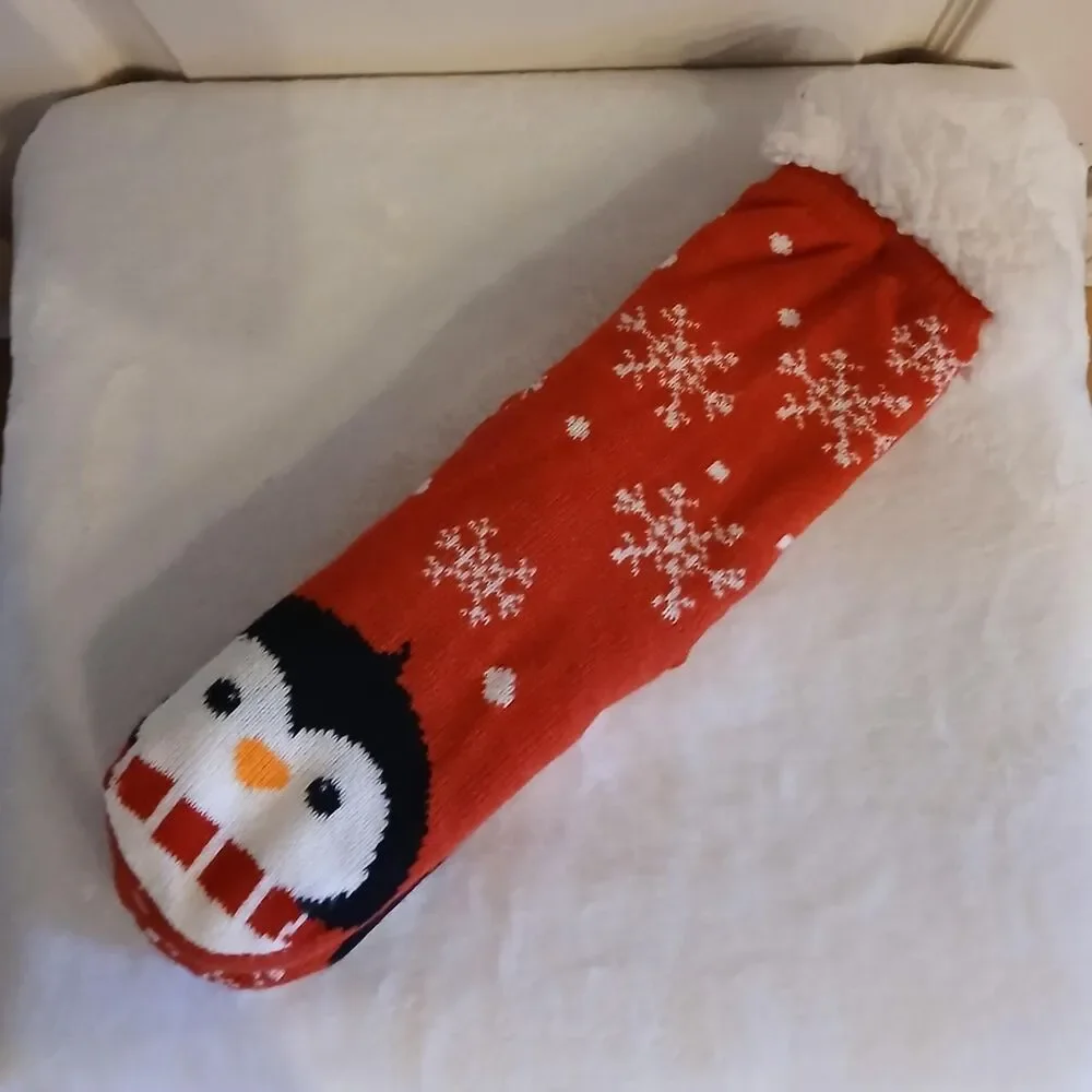 Sherpa Critter Red Slipper Socks Penguin & Snowflake Design Warm Cozy